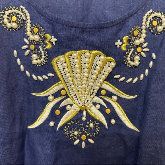 Sleeveless 100% Linen Top Size L Beaded Coastal Design Lagenlook Old Money - Picture 3 of 4